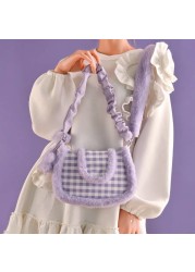 Xiuya Harajuku Kawaii Lolita Shoulder Bag Women 2022 Japanese Cute Purple Plaid Fur Messenger Bag Plush Female Handbags Bag