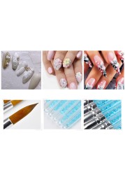 6pcs/set Nylon Hair Nail Brush Blue Rhinestone Faux Fur Acrylic Brush Pen Nail Gel Builder Carving Dotting Painting Tools