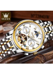 OLEVS-Men's Mechanical Watch, Classic, Water Resistant, Stainless Steel, Skeleton, Mechanical