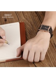 IBSO 7mm Ultra-thin Rectangle Dial Quartz Wristwatch Black Genuine Leather Strap Watch Men Business Classic Men's Quartz Watches