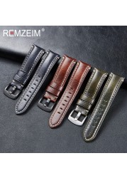 Remz Patterned - Genuine Leather Watch Strap, Brown, Green, Antique, 20, 22, 24, 26 mm, with Black and Silver Buckle