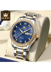 OLEVS Quartz Stainless Steel Strap Men's Wristwatches Waterproof Business Golden Diamond Inlaid Luxury Watch For Men Luminous