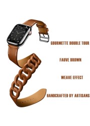 Gourmette Double Round Strap for Apple Watch Band 40mm 41mm 38mm 44mm 45mm 42mm Genuine Leather Bracelet iWatch serie 7 6 5 3 se