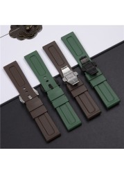 24mm Army Green Brown Silicone Rubber Watchband For Panerai Pam 111 368 389 351 441 Watch Strap Men Metal Clasp Accessories