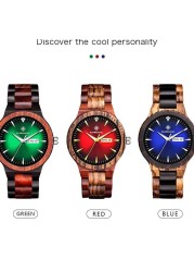 Kunhuang Men's Watch Colorful Dial Wooden Watch Week Clock Date Display Quartz Wood Wristwatch for Men Women reloj mujer