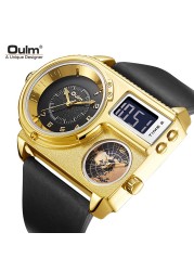 Oulm Fashion Pilot Digital Mens Watch Dual Display Multiple Time Zones Sport Leather Strap Military Oversize Quartz Male Clock