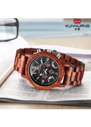 Kunhuang Luxury Brand Men's Watch Wooden Multifunctional Raw Quartz Watch High Strength Ebony Glass Case relógio masculino