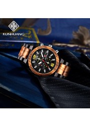 Kunhuang Luxury Wood Stainless Steel Men Watch Fashion Wooden Watches Chronograph Quartz Watches relogio masculino gift man