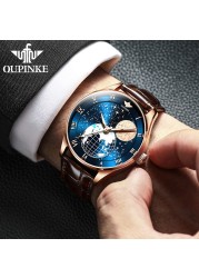 OUPINKE Men's Mechanical Watch Starry Sky Moon Phase Sapphire Crystal Glass Automatic Leather Business Wristwatch for Mature Male