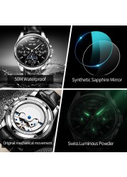 OUPINKE Luxury Automatic Men's Watch Mechanical Watches Leather Sapphire Crystal Waterproof Moon Phase Wristwatch Montre Homme