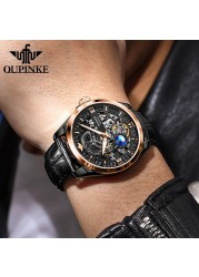 OUPINKE Watch Men Skeleton Design Automatic Watch 50M Waterproof Sapphire Leather Strap Men Mechanical Wristwatches 3268