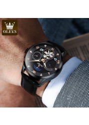 OLEVS New Luxury Men Automatic Mechanical Watch Waterproof Luminous Hollow Watches for Men Leather Strap Moon Phase Calendar