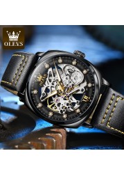 OLEVS Watch for Men Luxury Brand Diamond Automatic Mechanical Wristwatches Skeleton Design Waterproof Leather Men's Watches