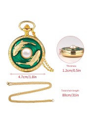 Valentine's Day Gift Green Glue Dripping Pisces Pearl Pattern Gold Personalized Quartz Pocket Watches for Boyfriend Girlfriend