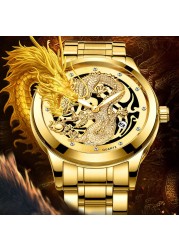 FNGEEN Mens Watches Luxury Brand Chinese Golden Dragon Quartz Watch Diamond Dial Stainless Steel Watch Male Relogio Masculin