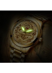 FNGEEN Mens Watches Luxury Brand Chinese Golden Dragon Quartz Watch Diamond Dial Stainless Steel Watch Male Relogio Masculin