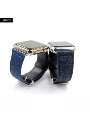 URVOI Band for Apple Watch Series 7 6 SE 5 4 3 2 1 Strap for iwatch Blue Denim Jeans Leather Back Band Classic Buckle 41 45mm