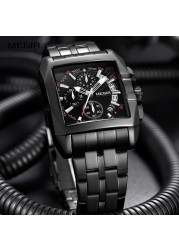 MEGIR Full Black Watches Men Luxury Chronograph Quartz Watch for Man Square Dial Luminous Wristwatch Relogios Relogios Reloj