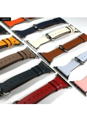 URVOI حزام من الجلد ل أبل سلسلة ساعة 7 6 SE 5 4 3 2 T-شكل رقيقة جدا حزام المعصم تصميم الأزياء حزام ل iWatch 41 45 مللي متر