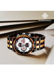 KUNHUANG Men Luxury Brand personality Sport Mens Watches Wooden Quartz Clock Men's Multifunction Wooden Watch Relogio masculino