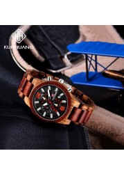 Kunhuang New Fashion Wooden Men's Watch Luxury Brand Multifunction Sports Mens Wristwatch Quartz Casual Relogio Masculino