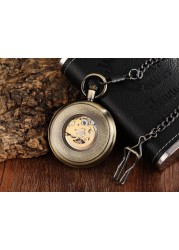 Gold Retro Hand Wind Mechanical Luxury Steampunk Pocket Watch Hollow Watches Roman Numerals Clock With Fob Chain Reloj Hombre