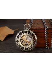 Retro Hand Wind Mechanical Luxury Steampunk Pocket Watch Hollow Silver Watches Roman Numerals Clock With Fob Chain Reloj Hombre