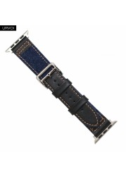 URVOI Strap for Apple Watch Series 7 654321SE Jean Band with Genuine Leather Strap for iWatch Denim Design Canvas Denim Wristband