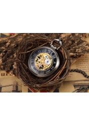 Hand Wind Mechanical Luxury Steampunk Pocket Watch Hollow Men Watches Roman Numeral Clock With Fob Chain With Box Reloj Hombre