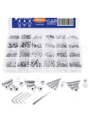 880pcs Hexagon Head Hex Socket Cap Screw Set M2 M3 M4 M5 304 Stainless Steel Flat Button Head Cap & Nuts & Washer Assorted Set