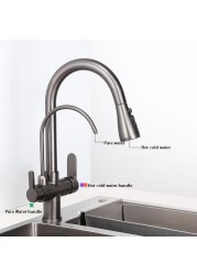 Hot Cold Touch Pull Out Kitchen Faucet Newly Brass Gray Pull Down Kitchen Mixer Tap Dual Handle Sensor Touch Filter Kitchen Faucet