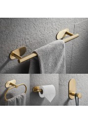 No Drilling Stainless Steel Self Adhesive Towel Bar Paper Holder Clothes Hook Towel Ring Black Golden Bathroom Accessories Set