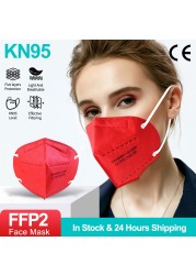 قناع أحمر اللون FFP2 5-100 قطعة KN95 Mascarillas قناع الوجه التنفس ffp2fan 5 طبقات واقية قناع الفم الوجه قابلة لإعادة الاستخدام