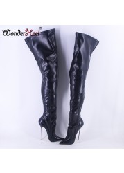 Wonderham New 16cm Ultra-thin Metal Heel Extreme High Heels Matte Leather Sexy Wonder Girls Nightclub Lace Up Over the Knee Boots