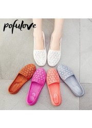 Pofulove Flats Shoes Women Hollow Out Slip On Casual Nursing Shoes Summer Loafers Female Sandals Shallow Beach Breathable Zapatos