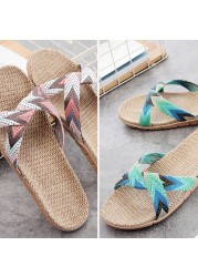 New Summer Linen Home Slippers Women 35-45 Plus Size Beach Flip Flops Non-slip Unisex Family Female Male Linen Slippers