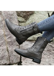 Black Women Shoes Fashion Platform Shoes PU Leather Lace-up Side Zip Thick Bottom Low Heel Short Socks Female Shoes