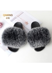 Women Summer Fluffy Fur Slippers Flat Non-slip Solid Real Furry Fur Slides Platform Shoes Plush Fur Sandals Flip Flops Women