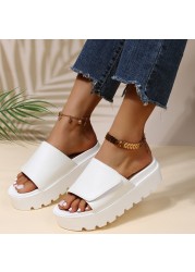 Rimocy Black PU Leather Platform Slippers Women Plus Size 43 Thick Soled Sandals Woman 2022 Summer Non-slip Slides Female Shoes