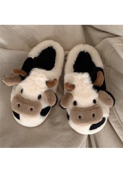 Women Winter Cute Animal Slippers Fashion Kawaii Fluffy Winter Warm Slippers Female Cartoon Milk Cow Indoor Slippers Funny Shoes