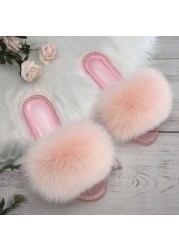 fluffy slippers women real fur home slides summer crystal rhinestones shoes for women flip flops with fur jelly sandals women