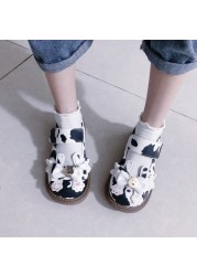 Kawaii Cow Print Girls Mary Janes 2022 Japanese Style Patchwork PU Bow Lolita Spring Shoes Black White Lace Zapatillas Mujer