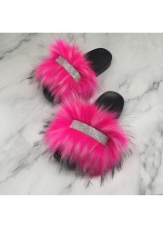 Home Slippers Women Thin Slippers Luxury Summer Faux Fur Slippers Furry Slides Shoes For Women With Rhinestones Slipper 2022