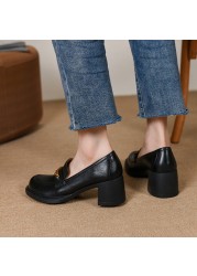 2022 women's pumps natural leather 22-24.5cm cowhide metal decoration upper thick high heels full leather loafers women's shoes