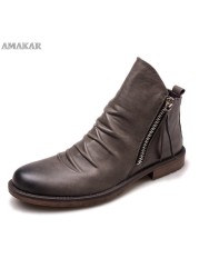 Vintage British Men's Leather Casual Shoes Round Toe Double Zip Ankle Boots Spring Autumn Business Dress Chelsea Boots Fashion