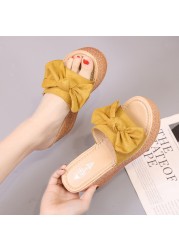 Lucyever thick bottom bowknot slippers women 2022 summer fashion wedges slides woman flat with platform flip flops sapatos mujer