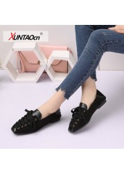 Personality women shoes 2021 spring lace-up loafers fashion soft square toe flats for women shoes black loafers women