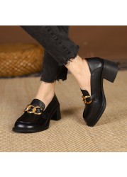 2022 New Women's Pumps Natural Leather Plus Size 22-25cm Cowhide Upper Full Leather Metal Chain Loafers Shoes Lazy Shoes