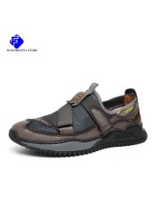 2022 New Summer Men's Mesh Sandals Outdoor Casual Non Slip Sandals Fashion Genuine Leather Handmade Beach Sandals BIg Size