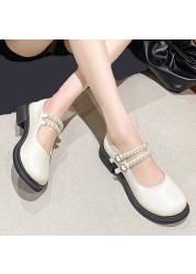 Lucyever 2022 Spring Double Buckle Mary Janes Women Pearls Strap Low Heels Casual Shoes Woman Pu Leather Students Shoes Mujer